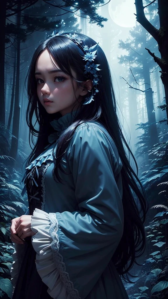 ((masterpiece)),((Highest quality)),((Lots of details)),((Realistic feel)), Pitch Black, night, Deep in the forest, Moonlight shines, Surreal, ((Cool blue shade)), Beautiful and cool girl silhouette, Wearing fluffy clothes like a white owl, Sharp focus, High Sky, Dim and dim, No sound, High Contrast