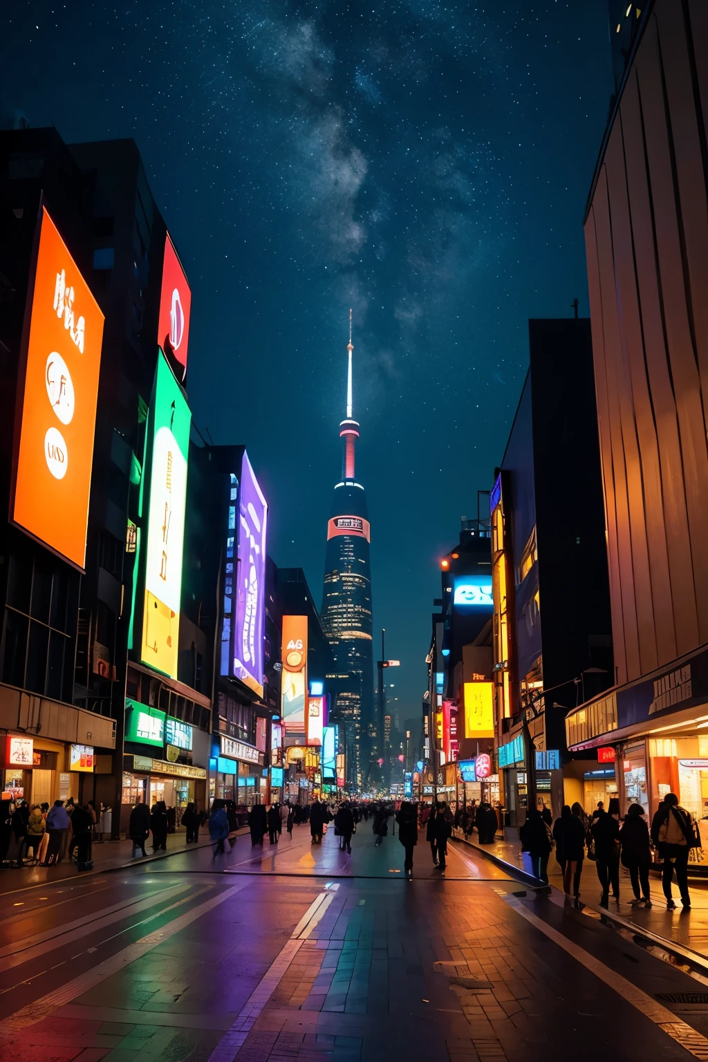 An illustration of a bustling nightlife scene in a city, viewed from a very low angle looking up at the night sky. Skyscrapers and buildings adorned with neon lights and signs tower above. The sky is dark, with stars faintly visible amidst the glow of the city lights. The streets are empty, with no people or vehicles, creating a serene and somewhat eerie atmosphere. The perspective is extremely low, almost at street level, emphasizing the towering height of the buildings and the vibrant lights, but with an empty and tranquil street