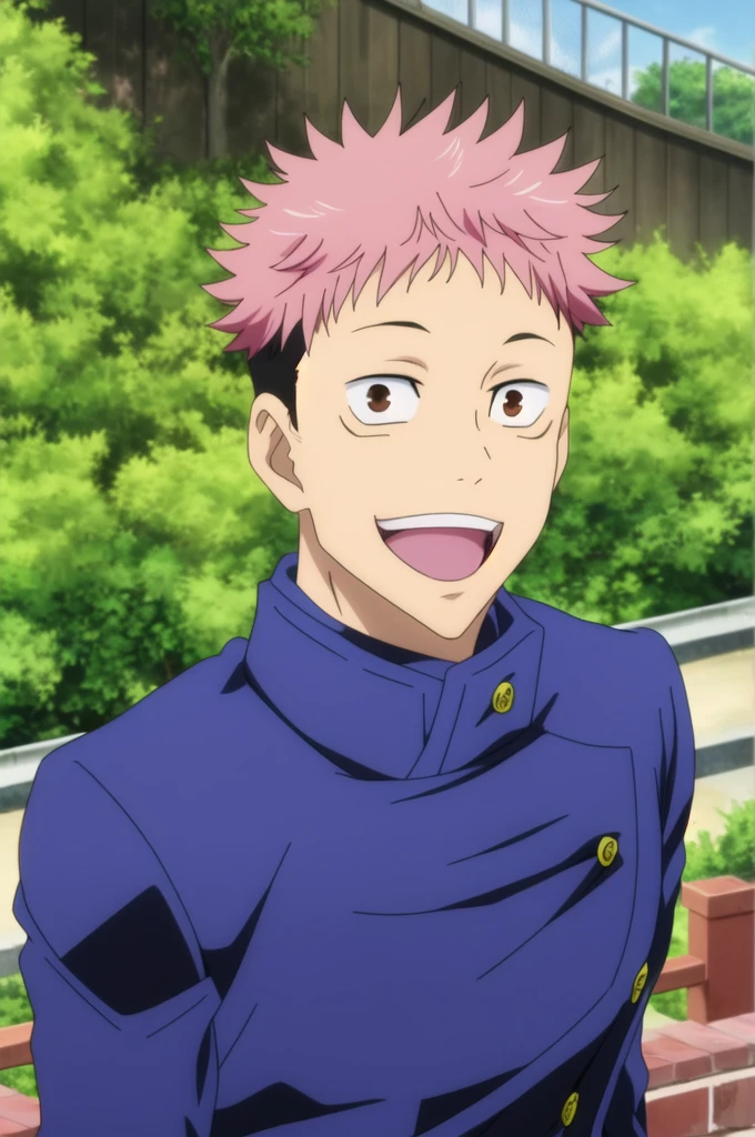 masterpiece, best quality, 1boy, itadori_yuuji, jujutsu kaisen, portrait, upper body, looking at viewer, against railing, outdoors, pink hair, undercut, brown eyes, open mouth, light smile, (black gakuran),