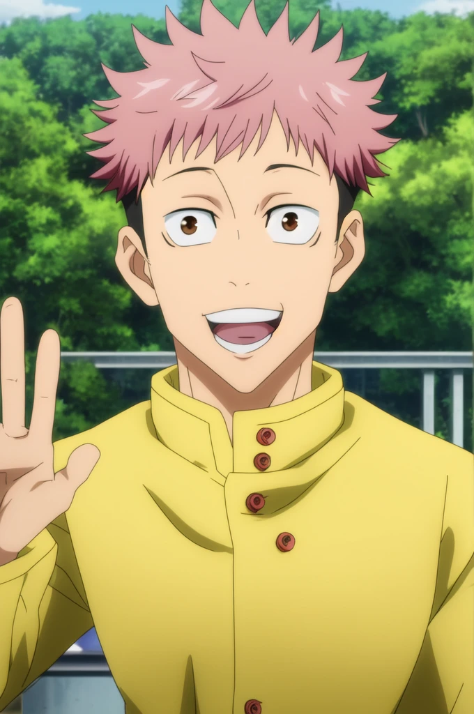 masterpiece, best quality, 1boy, itadori_yuuji, jujutsu kaisen, portrait, upper body, looking at viewer, against railing, outdoors, pink hair, undercut, brown eyes, open mouth, light smile, (black gakuran),