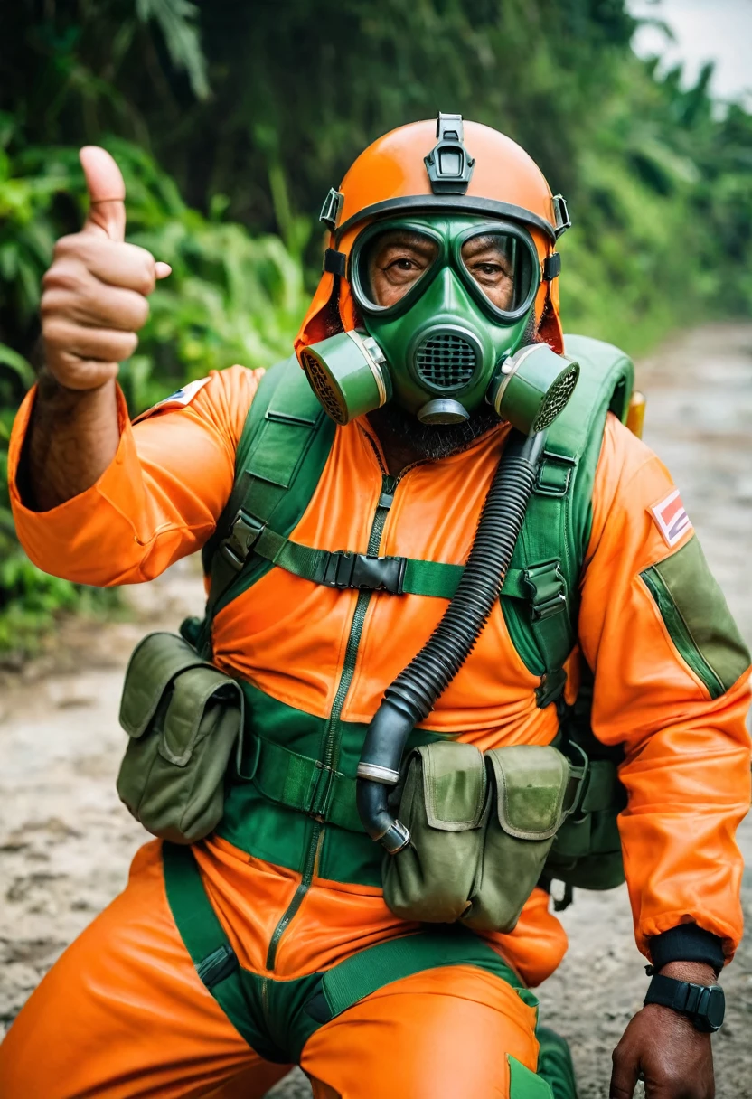 (a dark-skinned bearded chubby old man in orange zipper pilot suit), wearing rescue gear, wearing green army pilot helmet and gas mask, crawling, thumbs up, shooting with a gun, imposing physique, muscular, toned muscles, Basuki Abdullah, sumatraism, action, a character portrait, heroic, fierce, shouting, intense