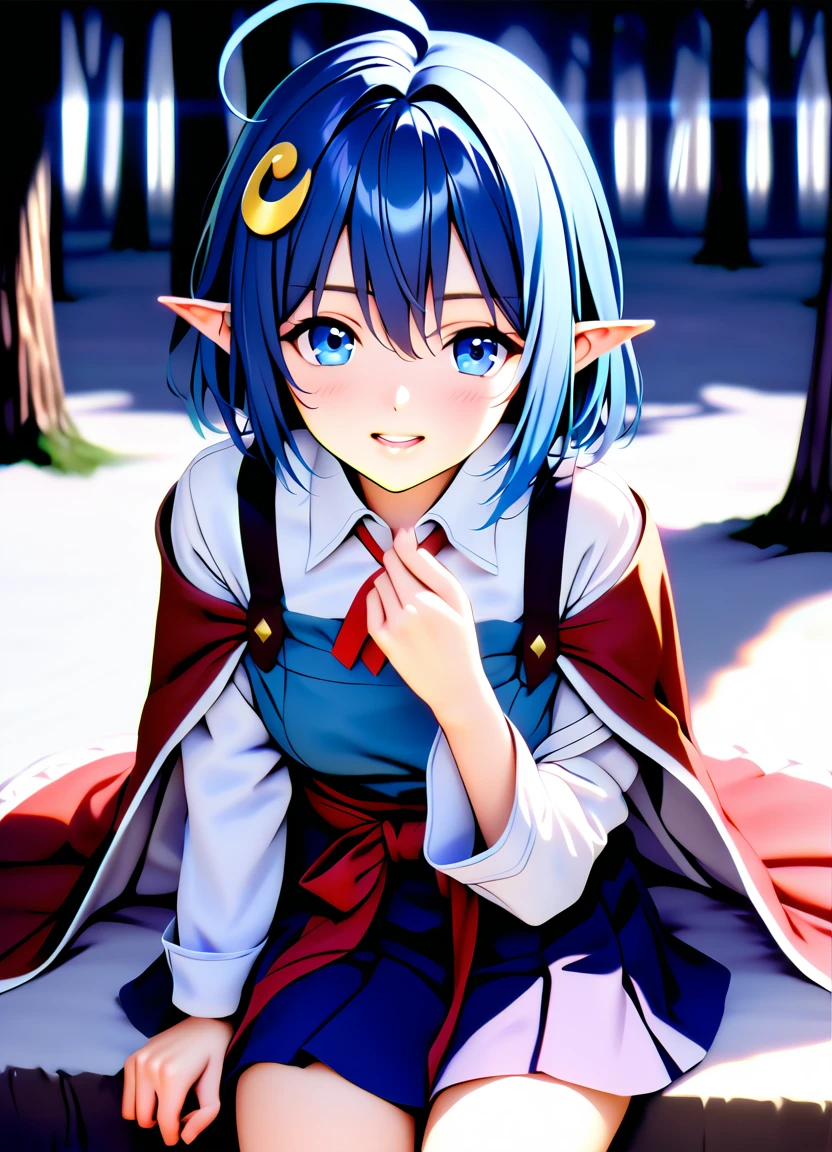 1girl, RENA LANFORD, 1GIRL, AHOGE, BLUE HAIR, SHORT HAIR, BLUE EYES, POINTY EARS
CRESCENT HAIR ORNAMENT, RED CAPE, BLUE VEST, LEATHER ARMOR, RED RIBBON, WAIST RIBBON, BLUE SKIRT, MINISKIRT, SHOES, BREAK kawaii, smile, cowboy shot, own hands clasped, forest, night, lightning bug, light particle, BREAK detailed face, smooth skin, cinematic lighting, volumetric shadow, BREAK 3D, CG illustration, score_9, score_8_up, score_7_up, (masterpiece:1.2), (best quality:1.2), (very aesthetic:1.2), (absurdres:1.2), (detailed background), newest, (intricate:1.2), ai-generated, BREAK