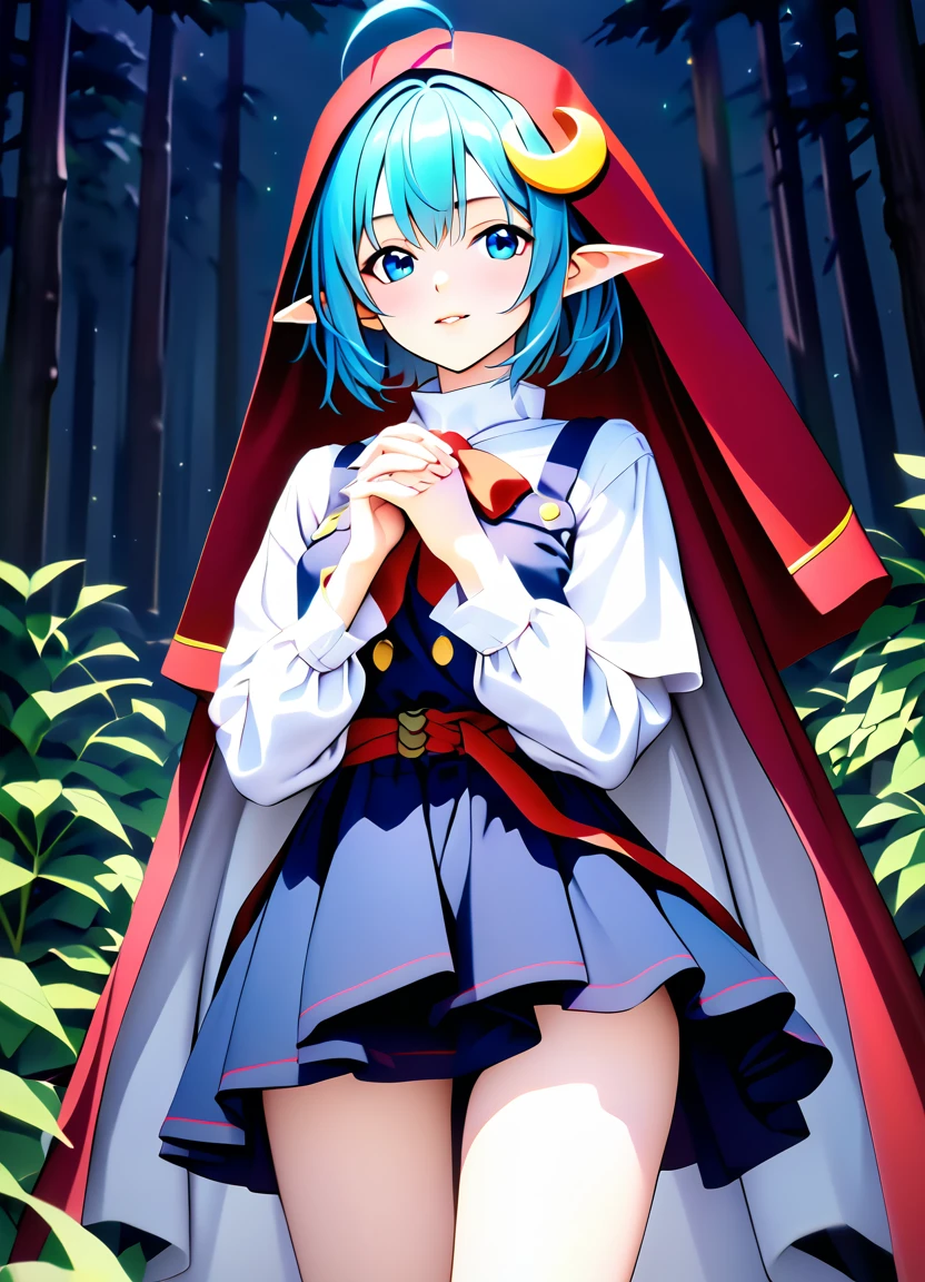 1girl, RENA LANFORD, 1GIRL, AHOGE, BLUE HAIR, SHORT HAIR, BLUE EYES, POINTY EARS
CRESCENT HAIR ORNAMENT, RED CAPE, BLUE VEST, LEATHER ARMOR, RED RIBBON, WAIST RIBBON, BLUE SKIRT, MINISKIRT, SHOES, BREAK kawaii, smile, cowboy shot, own hands clasped, forest, night, lightning bug, light particle, BREAK detailed face, smooth skin, cinematic lighting, volumetric shadow, BREAK 3D, CG illustration, score_9, score_8_up, score_7_up, (masterpiece:1.2), (best quality:1.2), (very aesthetic:1.2), (absurdres:1.2), (detailed background), newest, (intricate:1.2), ai-generated, BREAK