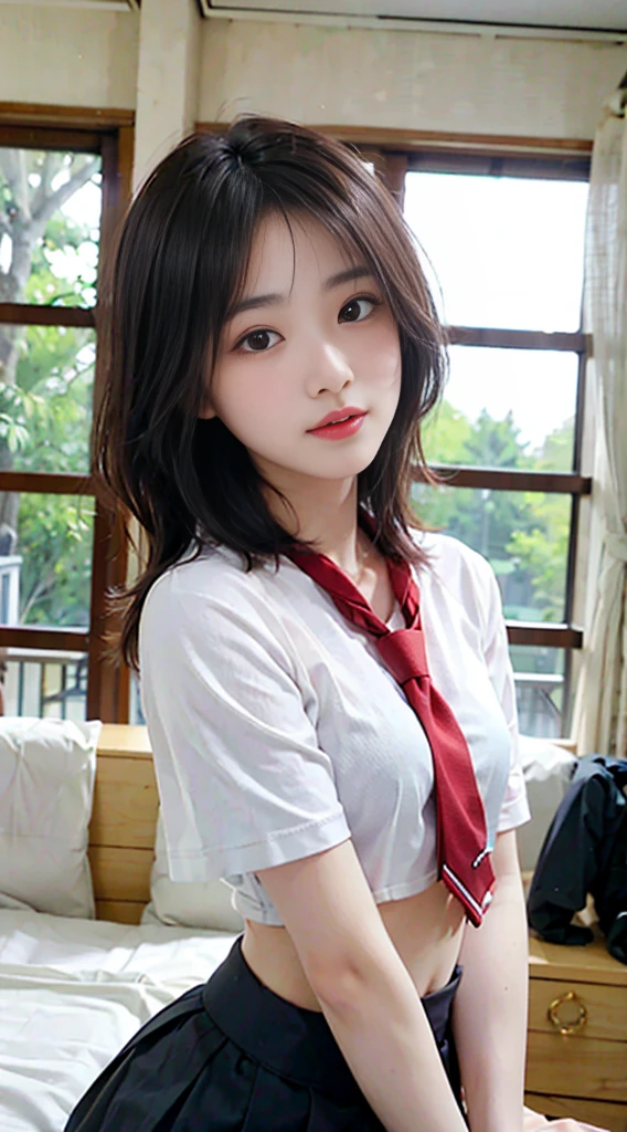 （8K，best quality，masterpiece：1.2），（In reality，realistic：1.4），（RAW photos）,perfect details，18-year-old South Korean female model，Korean beautiful girl，Goose egg face shape，wavy curly hair，pure desire，((upper body：5 Point Shirt，black shirt，(Little Red Tie)，short sleeve，Crop topping))，(private part：Skirt that hugs the buttocks，black)，Wear pantyhose and sneakers，chest이 크다，chest，Butt Lift，hotel，rooms，window