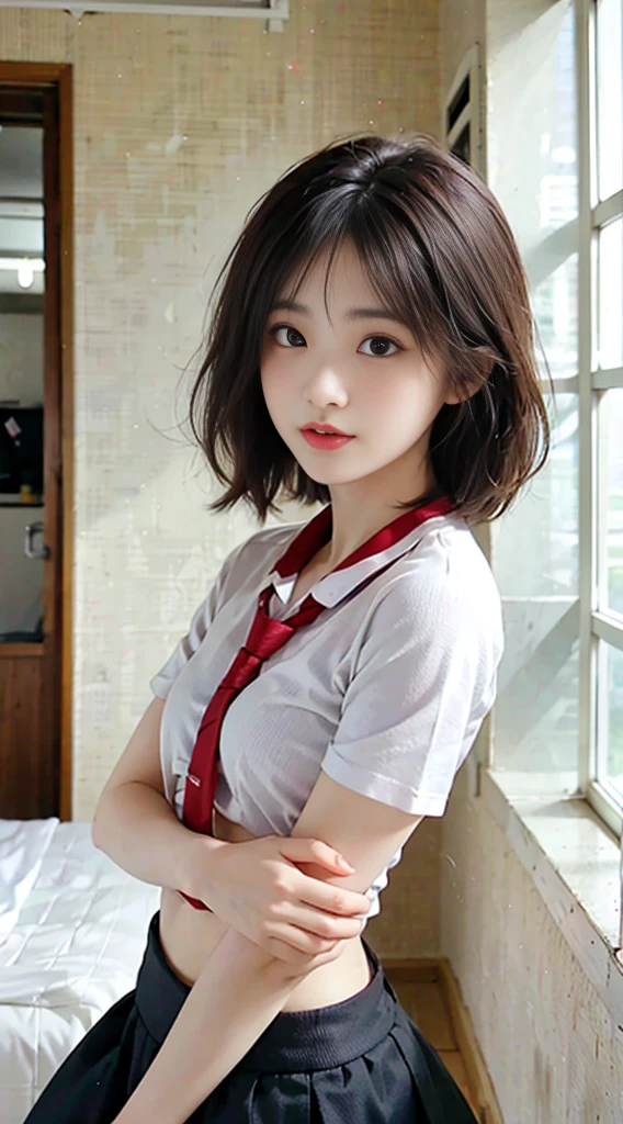 （8K，best quality，masterpiece：1.2），（In reality，realistic：1.4），（RAW photos）,perfect details，18-year-old South Korean female model，Korean beautiful girl，Goose egg face shape，wavy curly hair，pure desire，((upper body：5 Point Shirt，black shirt，(Little Red Tie)，short sleeve，Crop topping))，(private part：Skirt that hugs the buttocks，black)，Wear pantyhose and sneakers，chest이 크다，chest，Butt Lift，hotel，rooms，window