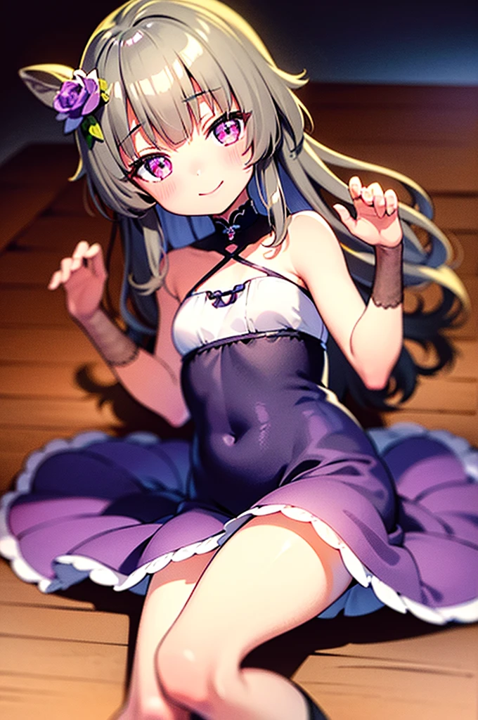 Himari Meimei, masterpiece, slim thighs, petit body, little young girl, flat chest, {1 Girl}, Cute and shy smile, Highly detailed sparkling purple eyes, In summer beach, 困り眉, open legs, legs up, silver grey hair, lying on beach bed