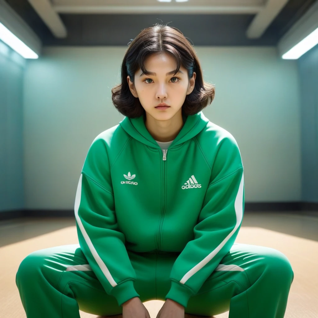 Kang Sae-byeok, Squid Game, Jung Ho-yeo, sitting looking at the horizon, wearing a green track suit  ,cool pose, realistic, realistic proportions, brown eyes
