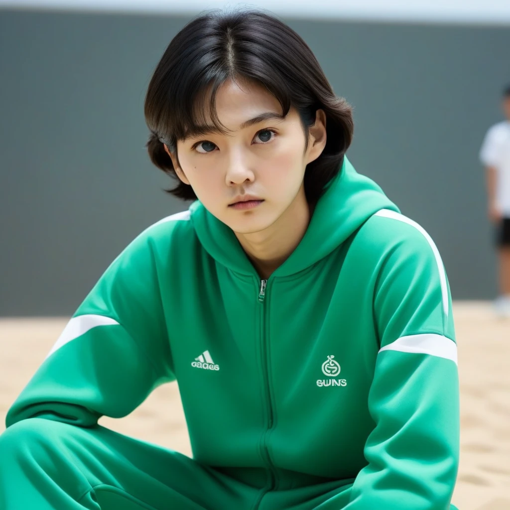 Kang Sae-byeok, Squid Game, Jung Ho-yeo, sitting looking at the horizon, wearing a green track suit  ,cool pose, realistic, realistic proportions, brown eyes
