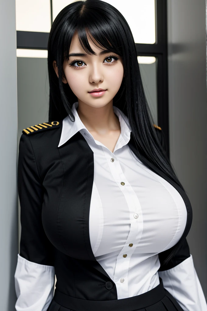 Anime girl in uniform with big breasts, black hair, white eyes.