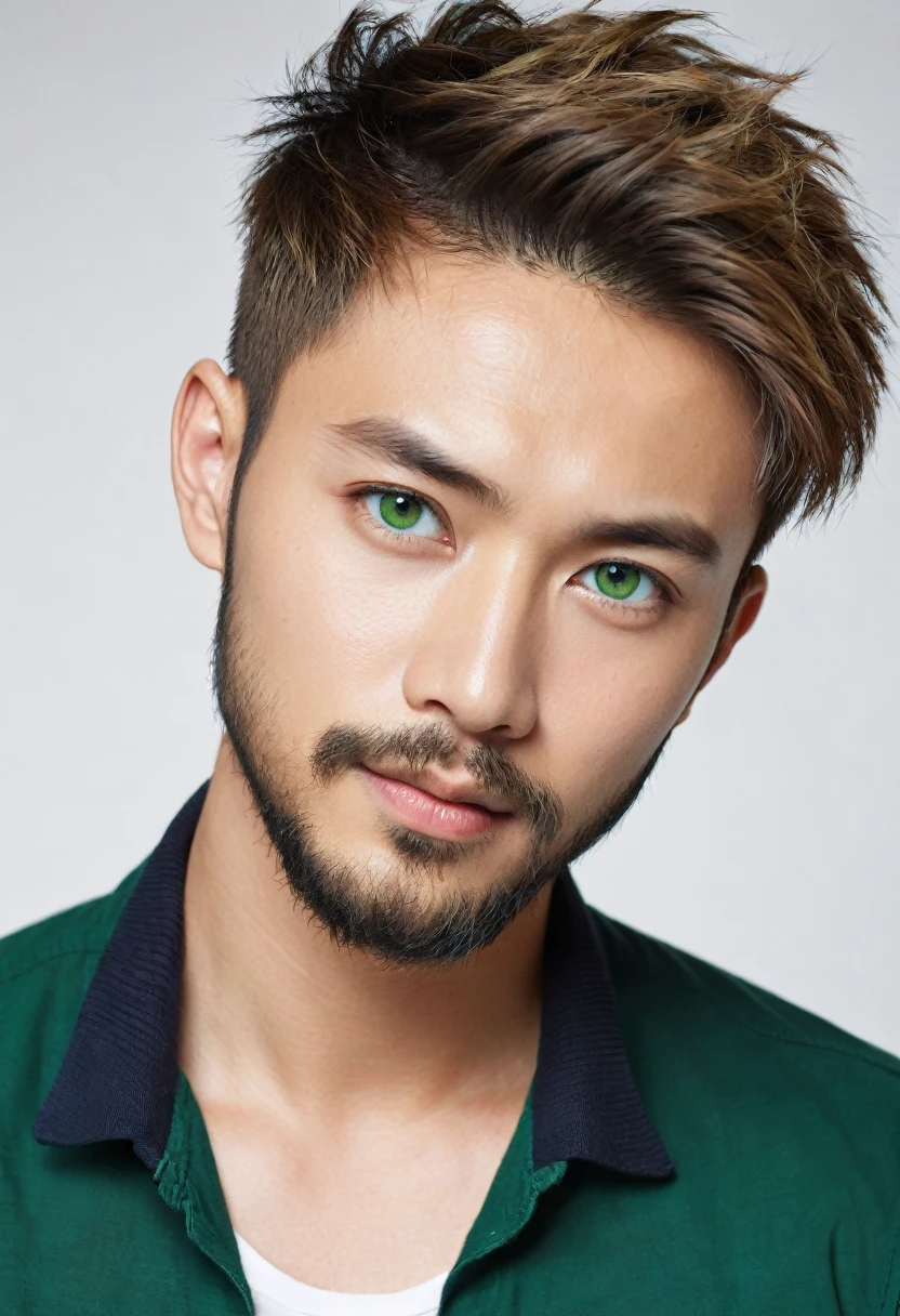 Handsome guy, British, wasian, europian, short hair, dark blonde hair, undercut, green eyes, short beard, 30 years old