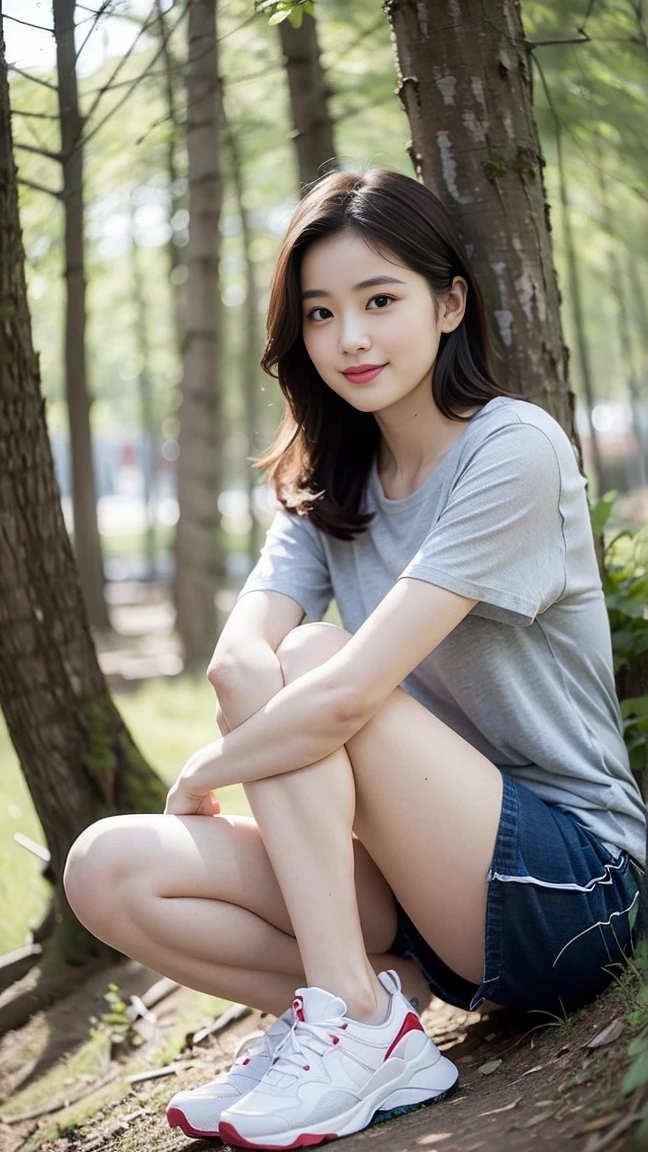 masterpiece, best quality, Surreal, Ultra Detailed, 8k resolution, RAW photos, Clear focus, (A girl in the forest), ((light gray shirt:1.1)), Short sleeve, sports Shorts,Full body posture, Solitary, Perfect body, Become a, Bangs to eyebrows、Beautiful brown hair、Beautiful and delicate eyes、Brown eyes、Raise an eyebrow、High Nose、Small nostril、Little mouth、Tempting lips、Mouth slightly open、Beautiful breasts、Full body、Playful and flirty pose,The calves are straight and thin:1.5,Wear high-end brand colored sneakers:1.5,Oval face, Both eyes, Both eyes皮, Long eyebrows, Long eyelashes, A faint smile,Playful and flirty pose,The calves are straight and thin:1.5,Wear high-end brand colored sneakers:1.5,The legs are slender and slender,Incredibly sexy,perfect proportions perfect proportions、Perfect Anatomy、Perfect composition、32 inches in the chest,(a charming smile:1), (sexy pose),26 years old, light,White shoes