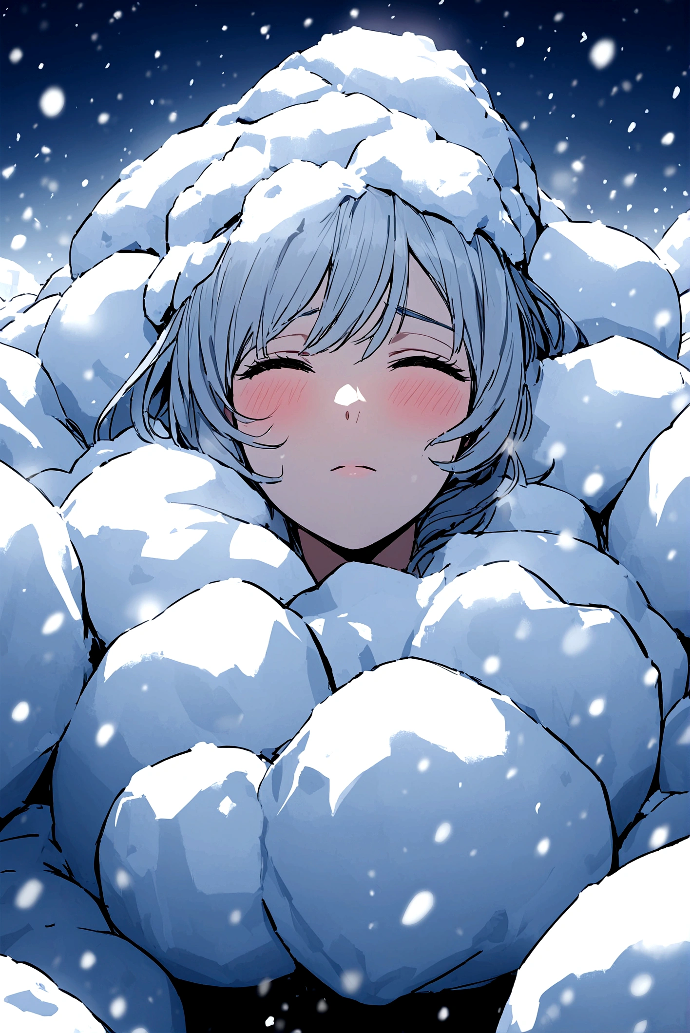 Woman frozen and buried in the snow up to her neck with a giant pile of snow on her head
