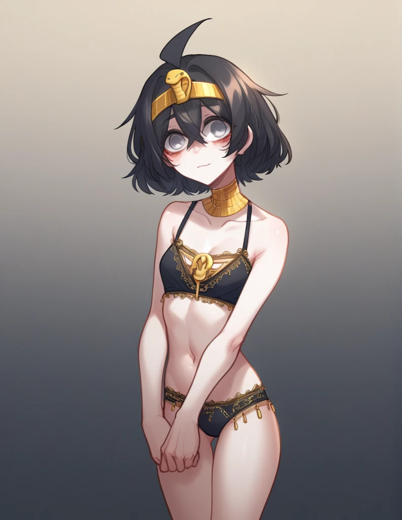 1 girl, alone, ppka, black fur, short hair, messy fur, Ahoge, parts, parts all over the body, grey eyes, empty eyes, blind, nervous, Slight smile, cute look,
lingerie, egyptian lingerie, pharaoh, human skin gold accessories, clear skin, pale skin, light pigment, White skin, human skin
Piernas separadas, posición spilt de pie, (SPLIT DE PIE)