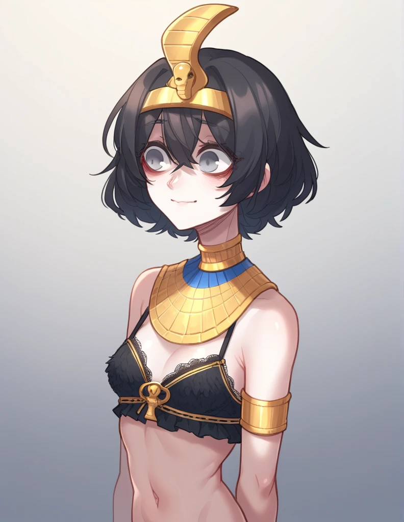 1 girl, alone, ppka, black fur, short hair, messy fur, Ahoge, parts, parts all over the body, grey eyes, empty eyes, blind, nervous, Slight smile, cute look,
lingerie, egyptian lingerie, pharaoh, human skin gold accessories, clear skin, pale skin, light pigment, White skin, human skin
Piernas separadas, posición spilt de pie, (SPLIT DE PIE)
