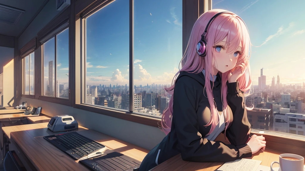 Absurd, Ultra-high resolution, (Official Art, beautifully、mysterious:1.2), Impressive eyes, Sit at a desk by the window and look out the window, Girl listening to music with headphones, light pink long hair, Larger than average bust, Lo-fi Girl,  and oversized hoodie, Bright Sky, A vast world, Kaisei and Artgelm, Anime atmosphere, Lofi art style, Anime style 8k, Anime Aesthetics, Lo-fi feeling, Anime Art Wallpapers 8K, An atmosphere of praise, Rooms with large windows, Emotional cityscape, city room, Correct human body composition