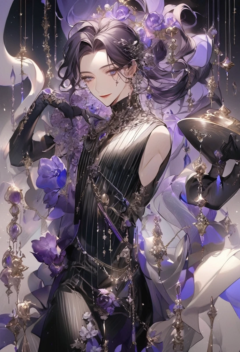 Feminine boy, soft womanish facial features, smile, squinted siren dark blue eyes without glare, silver ans dark purple long loose hair with straight bang, fantasy black clothes with blue and purple elements, long black gloves, model, gorgeous, elegant, lots of silver jewelry, flowers in his hair, skinny , hourglass figure, light lipstick, pants