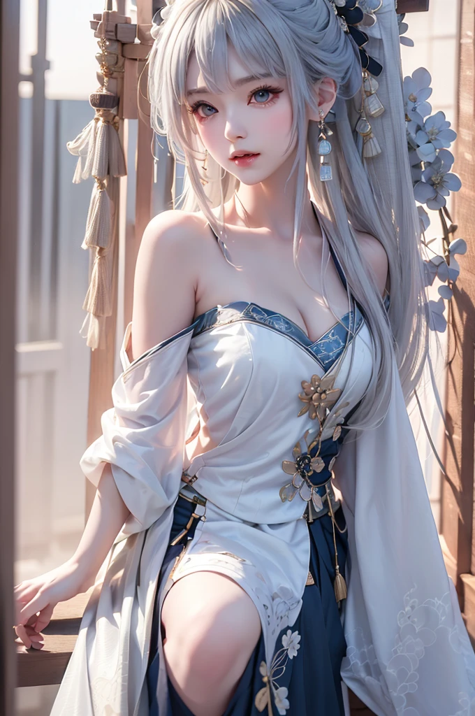 super high quality, masterpiece, Perfect illustration, Very detailed、8k wallpaper, Very detailed (Exquisite light and shadow, Very dramatic photo,Backlight) , ((Gray Hair:1.5))1 Girl, alone, (Wearing Han clothes, Royalty、Black and white Hanfu,Thick fabric,Long sleeve) Flower Field, Flowers, (White smoke:1.3) (Realistic:1.4), (Dynamic Angle: 1.4), Glowing Skin, (Floating colorful flashes: 1) The most beautiful chaotic shapes, elegant, Brutalist Design, Bright colors, Romantic Depth of Field Exotic_dance, half_naked、((Off the shoulder、Medium chest、Beautiful cleavage))
