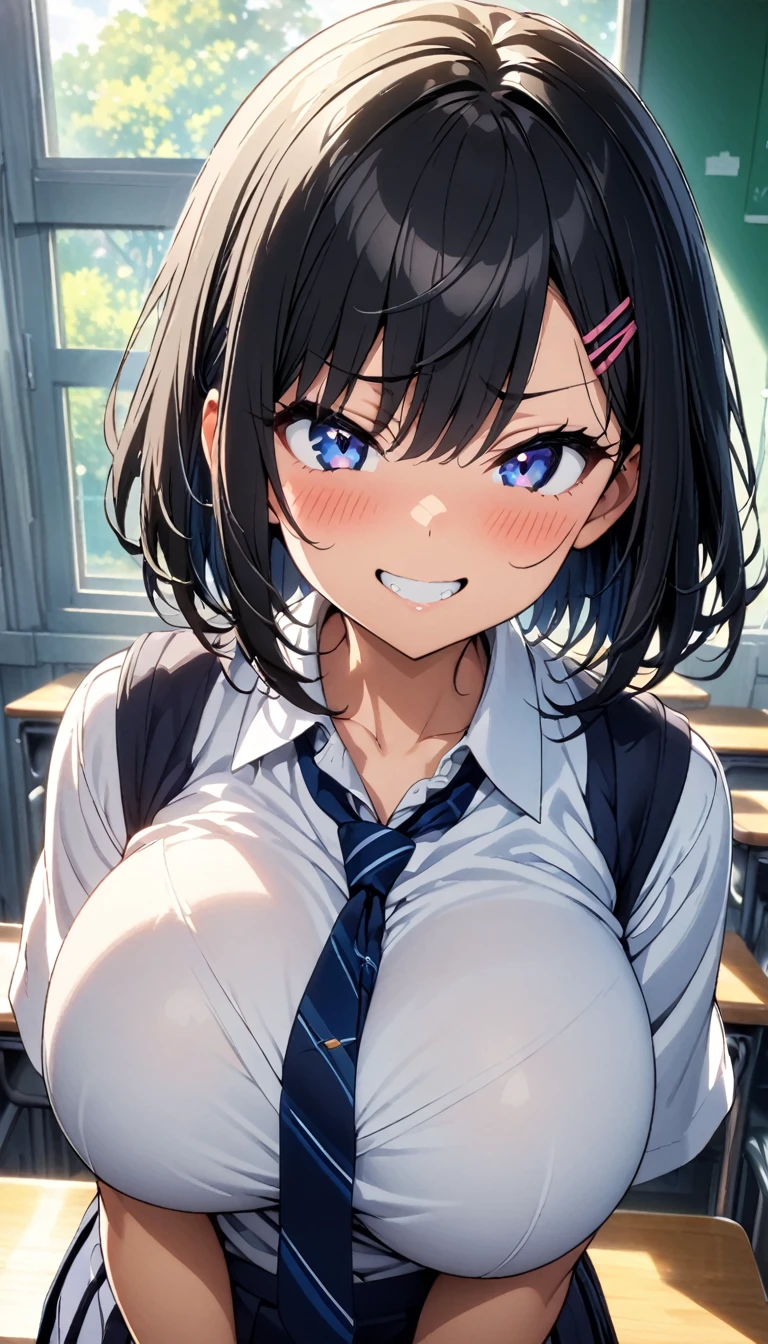 (masterpiece, Official Art), One Girl, Black Hair, blue eyes, hair ornaments, Hair Clip,  (school uniform), (shirt), (tie), (skirt), (shirtをめくって胸を見せる), (Upper Body), (Huge breasts), Very good、sunlight,classroom、 Show Viewer, Grin, attractive, blush, attractive服, (close), (Arms folded in front of chest), (whole body), Short Bob