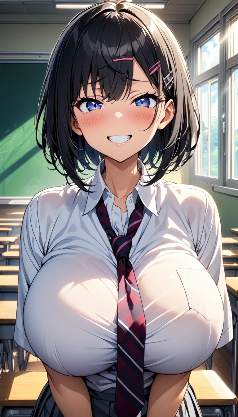 (masterpiece, Official Art), One Girl, Black Hair, blue eyes, hair ornaments, Hair Clip,  (school uniform), (shirt), (tie), (skirt), (shirtをめくって胸を見せる), (Upper Body), (Huge breasts), Very good、sunlight,classroom、 Show Viewer, Grin, attractive, blush, attractive服, (close), (Arms folded in front of chest), (whole body), Short Bob