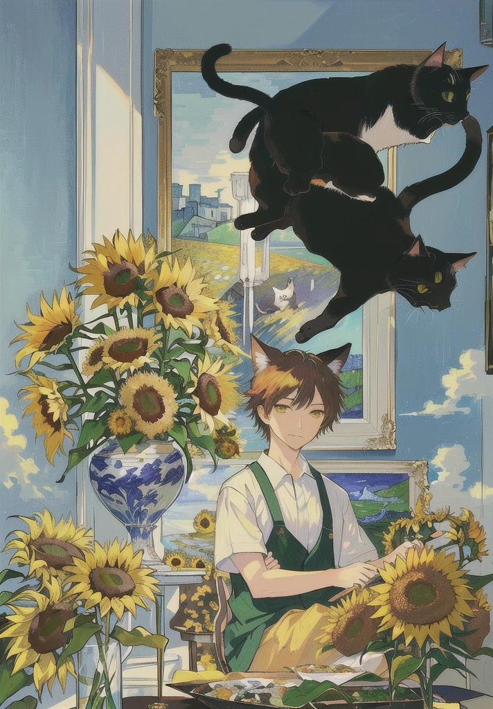 A painting of a cat and sunflowers in a vase with a cat, in a A painting of a cat, a A painting of a cat, vincent, author:Sugimura Jihei, van gogh画作, vincent van gogh画作, van gogh, author:shore long, van gogh, Cat's masterpiece, A painting of a cat, photo courtesy museum of art