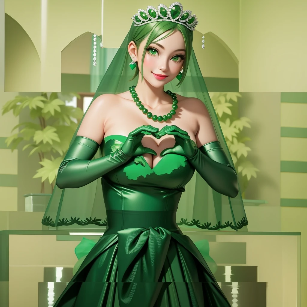 Emerald tiara, Green Pearl Necklace, ボーイッシュな非常に短いGreen Hair, Green Lips, Smiling Japanese woman, Very short hair, Busty beautiful lady, Green Eyes, Green satin long gloves, Green Eyes, Emerald Earrings, Green veil, Heart with both hands, Green Hair, Beautiful Japanese Woman, Heart shaped hands:1.3, green lip gloss