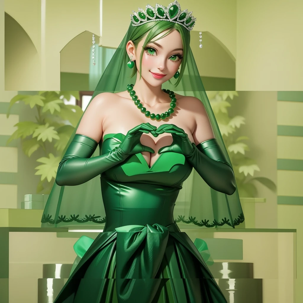 Emerald tiara, Green Pearl Necklace, ボーイッシュな非常に短いGreen Hair, Green Lips, Smiling Japanese woman, Very short hair, Busty beautiful lady, Green Eyes, Green satin long gloves, Green Eyes, Emerald Earrings, Green veil, Heart with both hands, Green Hair, Beautiful Japanese Woman, Heart shaped hands:1.3, green lip gloss