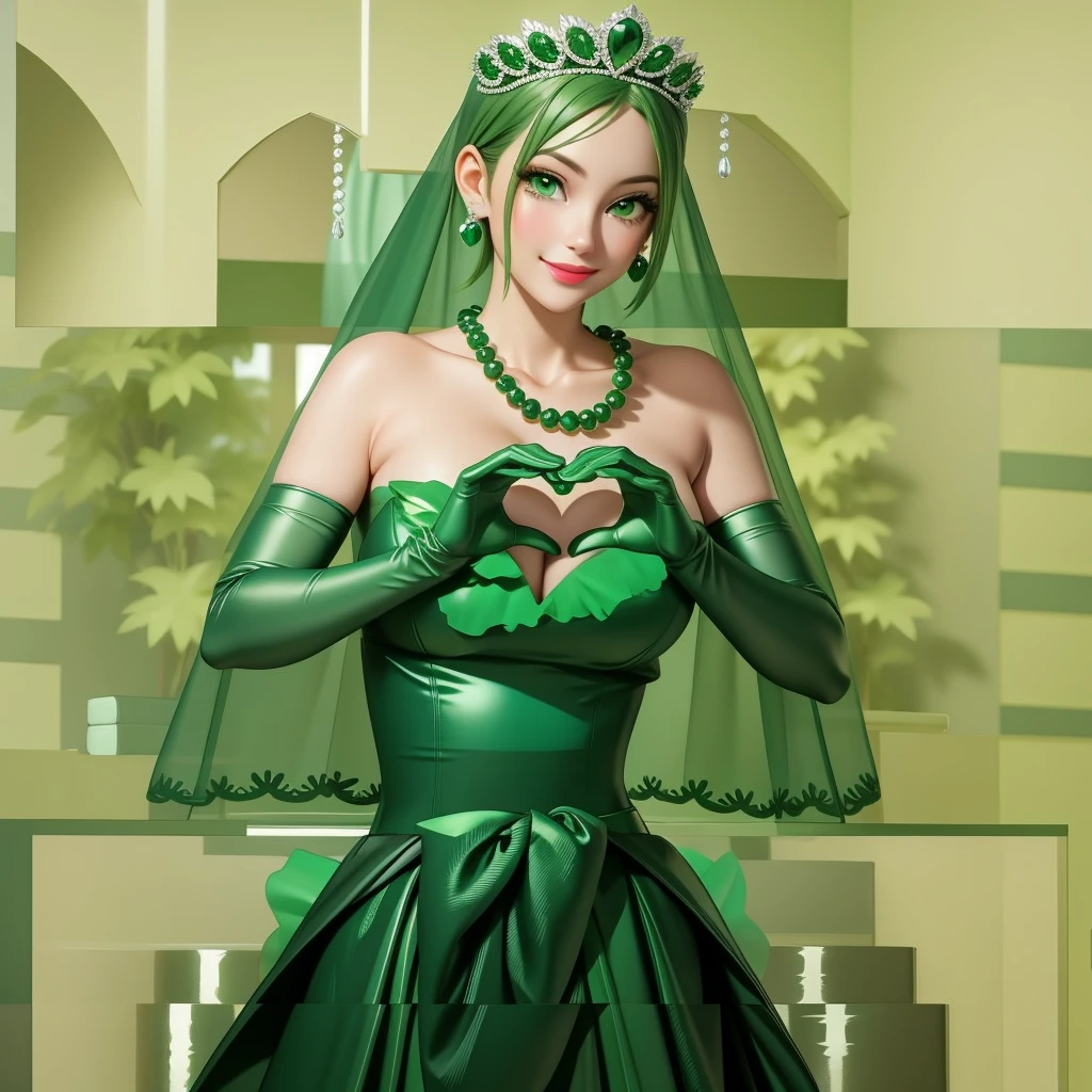 Emerald tiara, Green Pearl Necklace, ボーイッシュな非常に短いGreen Hair, Green Lips, Smiling Japanese woman, Very short hair, Busty beautiful lady, Green Eyes, Green satin long gloves, Green Eyes, Emerald Earrings, Green veil, Heart with both hands, Green Hair, Beautiful Japanese Woman, Heart shaped hands:1.3, green lip gloss