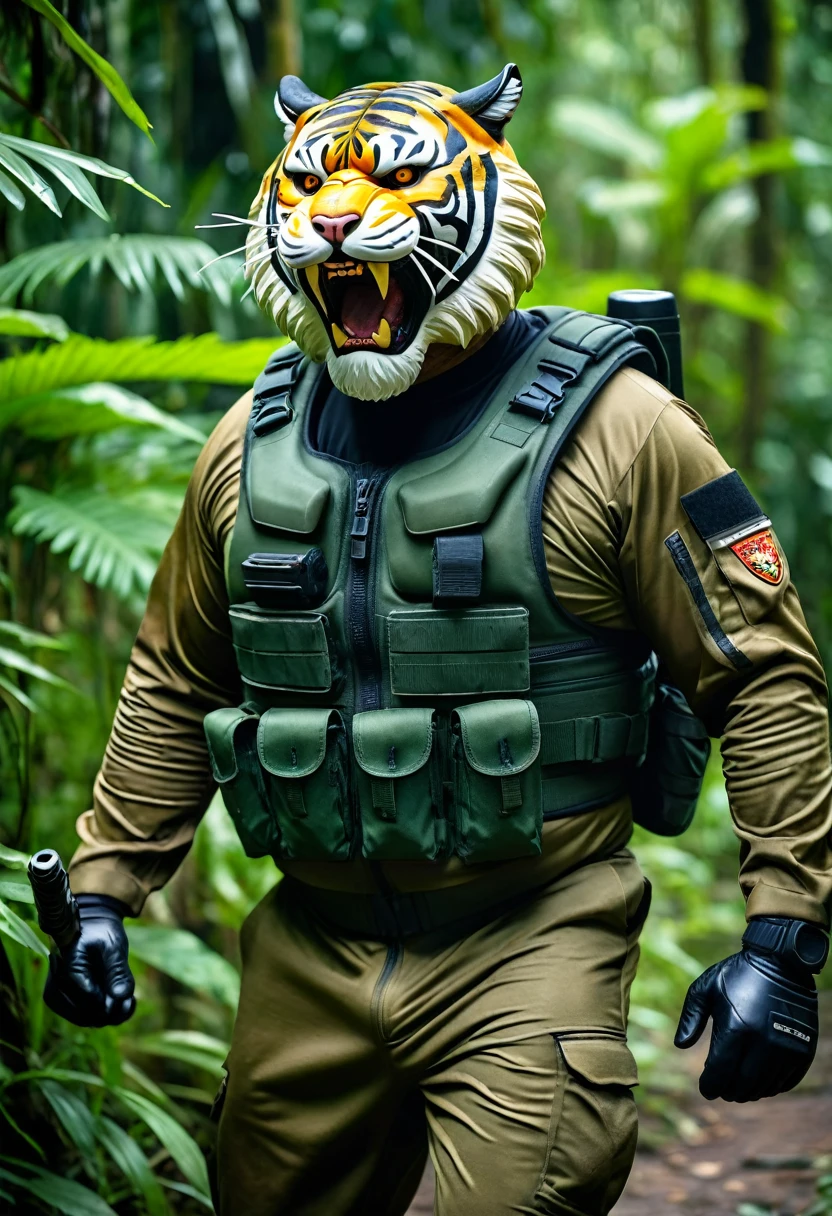 (a dark-skinned bearded fat old man in army camouflage zipper diver suit) (wearing realistic roaring angry tiger mask that show the wearer eyes), clenching fists, carrying a gun holster on his right hip, walking in jungle, muscular, Basuki Abdullah, sumatraism, muscular physique, imposing stature, action, a character portrait, heroic, fierce, snarling, best quality
