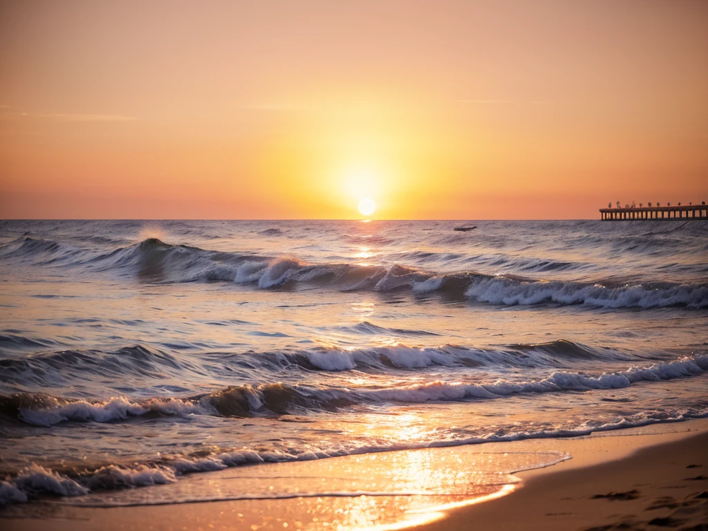 a beautiful sunset on a tropical beach, sun setting over the ocean, waves crashing against the shore, warm golden light, silhouettes of palm trees, pink and orange sky, serene and peaceful atmosphere, people walking along the beach, soft sand, reflections in the water, birds flying in the distance, long exposure photography, cinematic lighting, vibrant colors, detailed and realistic