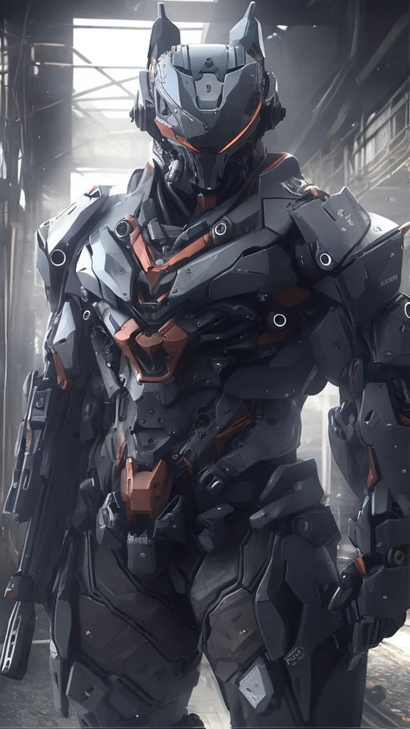 a close up of a robot standing in a room with a gun, mecha suit, full body mecha suit, black mecha, cool mecha style, alexandre ferra mecha, full body mech, intricate asin mecha armor, mech suit, mecha armor, mecha inspired, cyber mech, mech concept art, painterly humanoid mecha