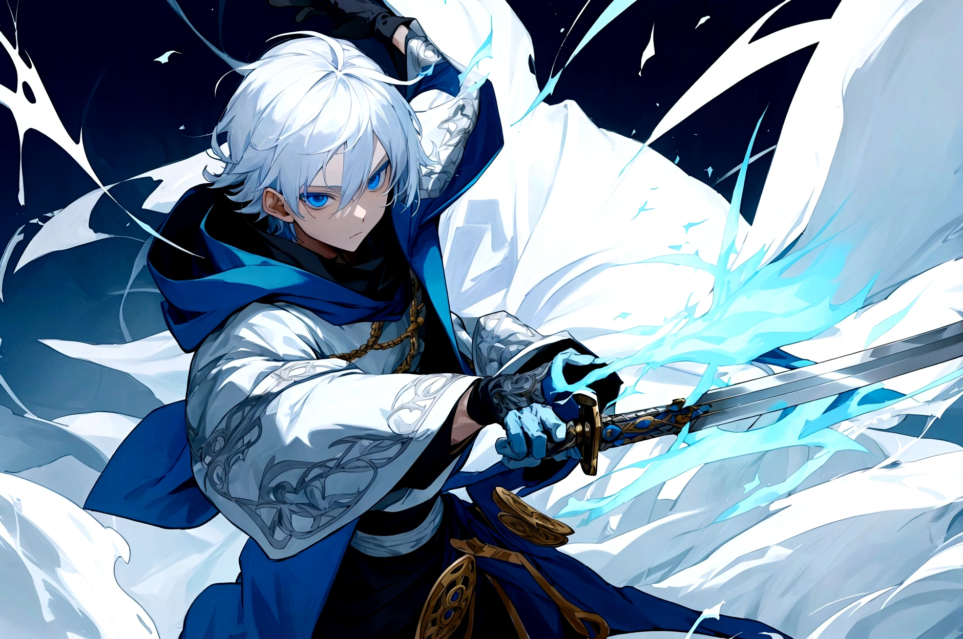Sorcerer Divine Soul man, he has a silver hair and blue eyes, he wear a hood and wear gloves , hold sword with hand .
