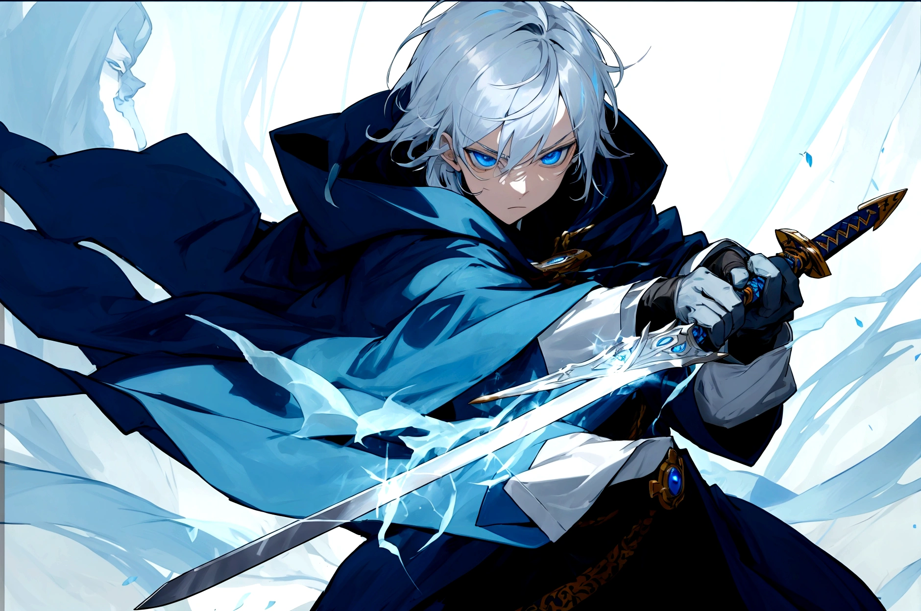 Sorcerer Divine Soul man, he has a silver hair and blue eyes, he wear a hood and wear gloves , hold sword with hand .