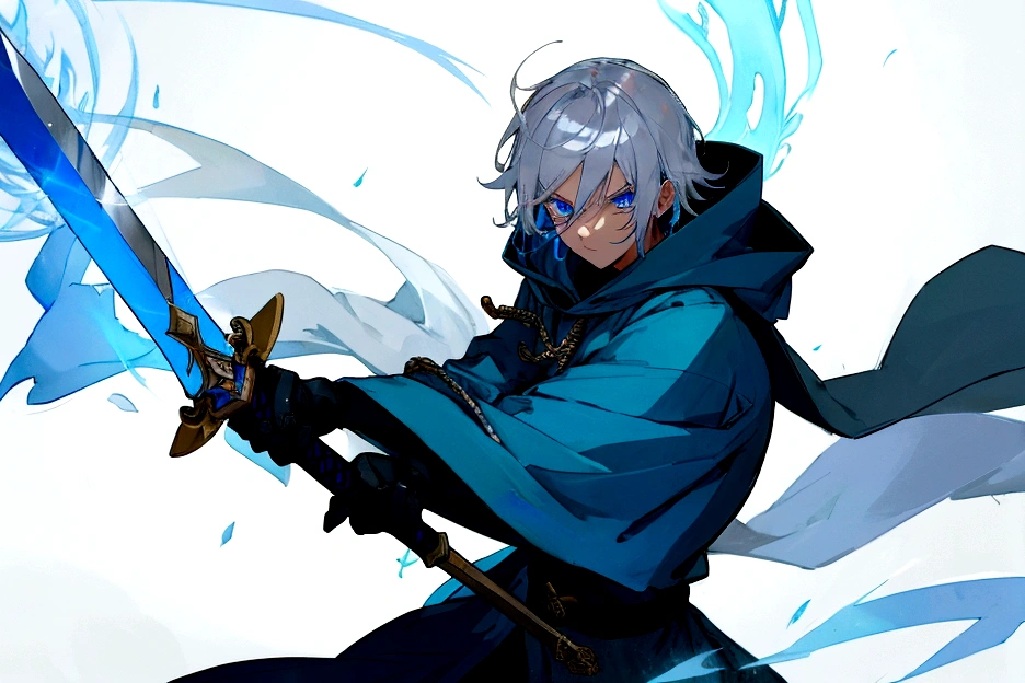 Sorcerer Divine Soul man, he has a silver hair and blue eyes, he wear a hood and wear gloves , hold sword with hand .

