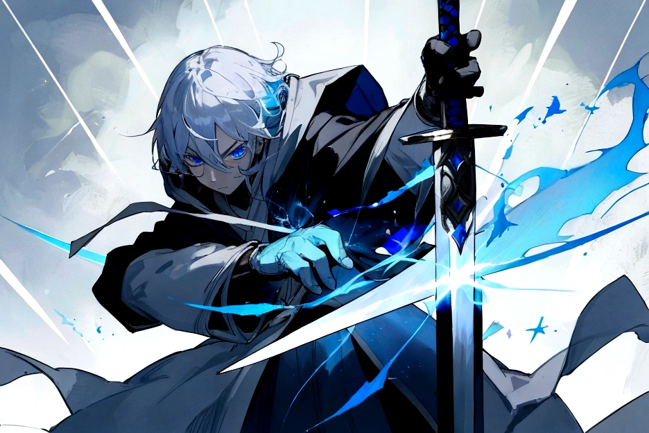 Sorcerer Divine Soul man, he has a silver hair and blue eyes, he wear a hood and wear gloves , hold sword with hand .