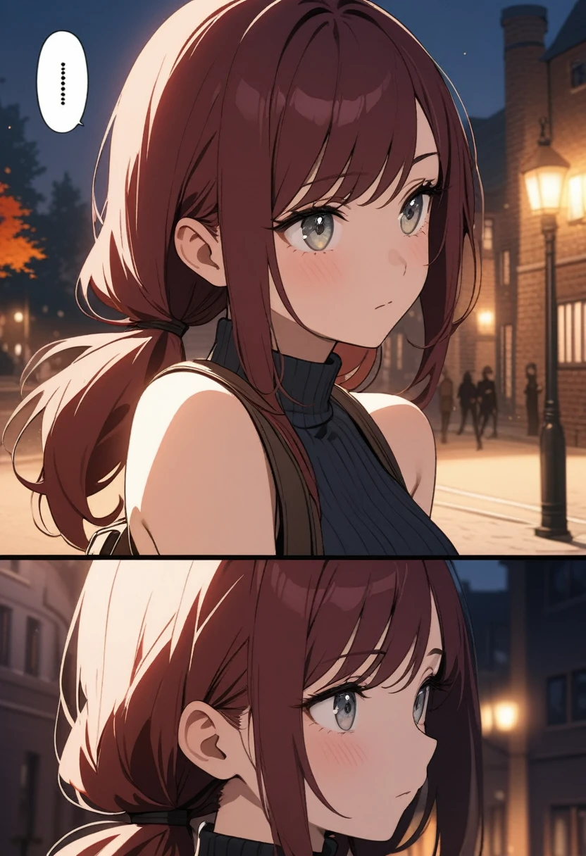 ((comic strip, speech bubbles, manga)), (masterpiece:1.2, Best Quality), (finely detailed beautiful eyes: 1.2), (beautiful detailed face), High contrast, (Best Illumination, extremely delicate and beautiful), ((Cinematic Light)), Highest Quality, masterpiece, light particles, close up of young woman leaving college campus at dusk, gray eyes, dark red hair in low twin tails, swept bangs, eyelashes, stoic, Fitted sleeveless turtleneck with ribbed cuffs, satchel,  looking to the side, upper body, small breasts, toned arms, bare arms, brick building in background, lamp posts, people in background, trees, autumn, dark atmosphere, slate colors, light particles, highest quality, masterpiece
