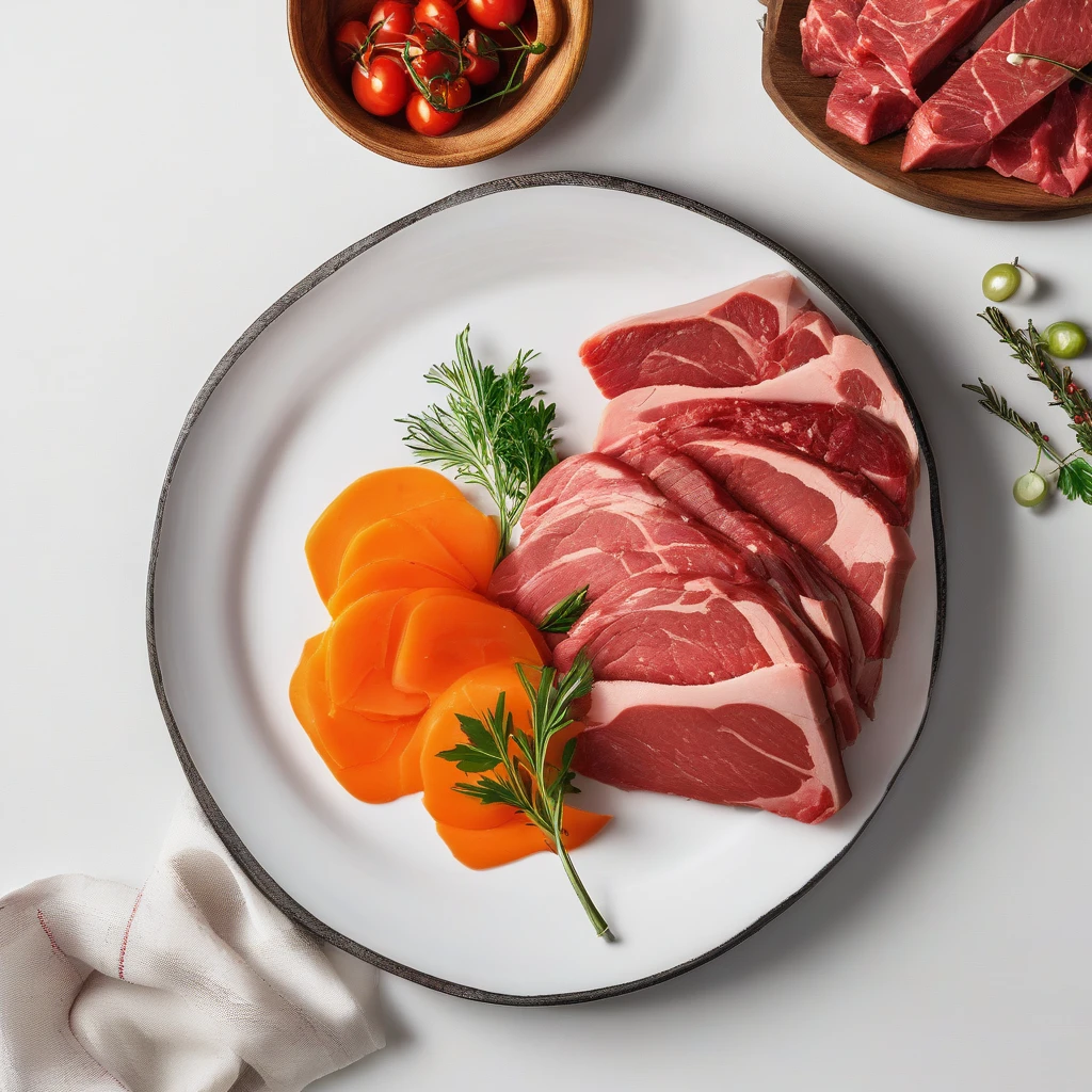 no humans, food focus, food, still life, meat, white background, simple background, knife, plate