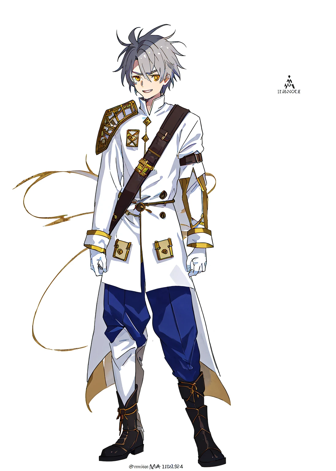 Anime, 1boy, A male character with messy gray hair and gray eyebrows to match. He has yellow eyes with black highlights and a wide smile showing his teeth. He is wearing a long white coat with yellow and brown accents, and a brown strap crossing from his right shoulder to his left waist. The character also wears white gloves, blue pants with black accents, and black boots. Behind him is a sword with a red gemstone on the pommel, which contains a clearly visible rune inside