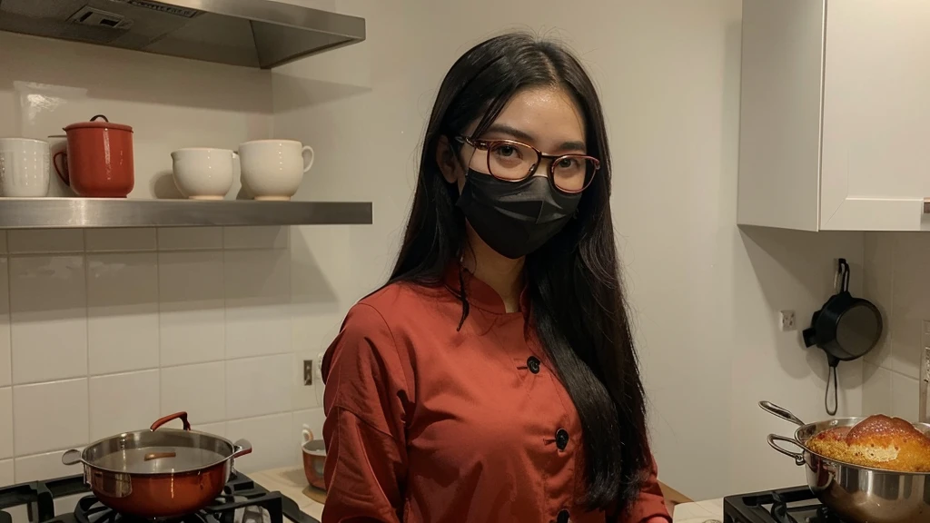 vietnamese girl with red face mask and glasses with red glass, use this face https://www.instagram.com/p/C83x-NMKumt/?utm_source=ig_web_copy_link&igsh=MzRlODBiNWFlZA== , long black hair. she cook in kitchen, real photo style.