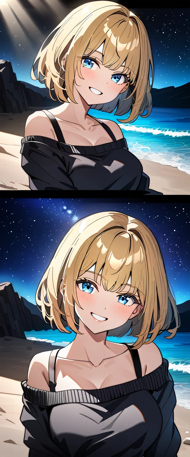 ((grin)), ((off-shoulder sweater:1.3, Quite thick shoulder straps)), ((black sweater)), ((blond hair, bob cut:1.3)), ((sunglasses, hand to sunglasses)), (((from side))), ((((upper body)))), bare legs, ((Leaning to side)), (((a beautiful starry sky, the Milky Way shining beautifully in the night))), ((sitting on the very high cliff)), wavy hair, inward curled hair, ((sea, nature)), breasts, ager, (looking at viewer), oversized clothes, puffy long sleeves, collarbone, head tilt:1.3, (((blue eyes))), happy smile, (((anime style))), (best quality, 4K, 8K, highres, masterpiece:1.2, ultra-detailed, ultra-detailed eyes, HDR, uhd, studio lighting, ultra-fine painting, sharp focus, physically-based rendering, extreme detail description, professional, vivid colors, bokeh)