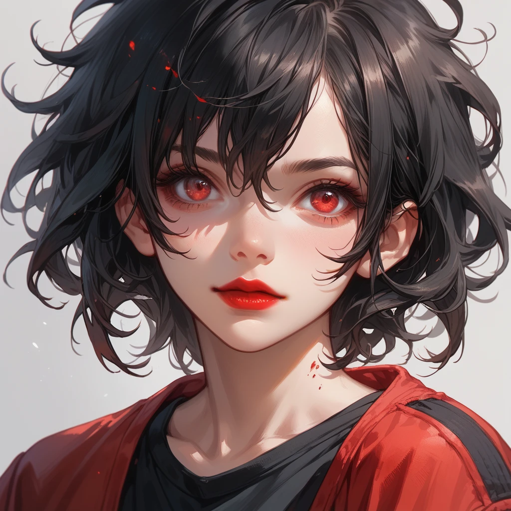 A pretty woman, short hair, shoulder length hair, black hair, messy hair, Red eyes, Red lips, pointed chin, very beautiful, blood red jacket, black t-shirt, close view