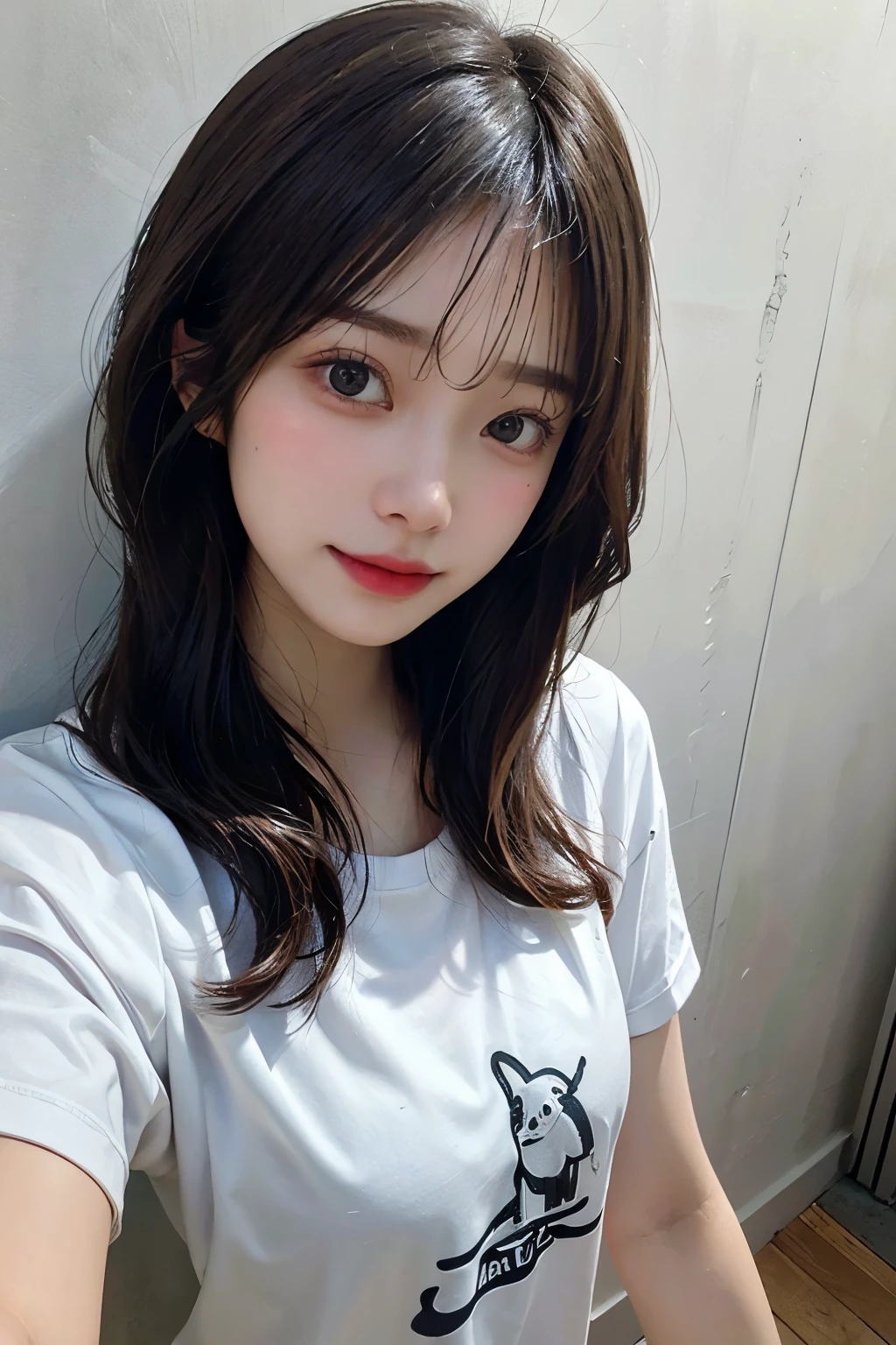 ((best quality)), ((masterpiece)), (detailed), perfect face. Asian girl. Selfie. Blank T-shirt. Wall.
