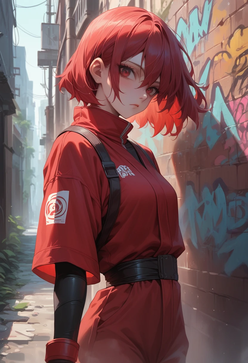 1girl, red ninja suit, hidden face, red hair, red eyes, dark alley, red graffiti, japanese led, fog