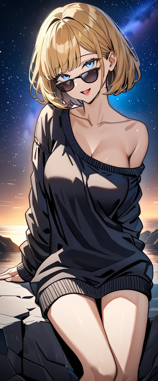 ((ahegao)), ((off-shoulder sweater:1.3, Quite thick shoulder straps)), ((black sweater)), ((blond hair, bob cut:1.3)), ((sunglasses, hand to sunglasses)), (((from side))), ((((upper body)))), bare legs, ((Leaning to side)), (((a beautiful starry sky, the Milky Way shining beautifully in the night))), ((sitting on the very high cliff)), wavy hair, inward curled hair, ((sea, nature)), breasts, teenager, (looking at viewer), oversized clothes, puffy long sleeves, collarbone, head tilt:1.3, (((blue eyes))), happy smile, (((anime style))), (best quality, 4K, 8K, highres, masterpiece:1.2, ultra-detailed, ultra-detailed eyes, HDR, uhd, studio lighting, ultra-fine painting, sharp focus, physically-based rendering, extreme detail description, professional, vivid colors, bokeh)