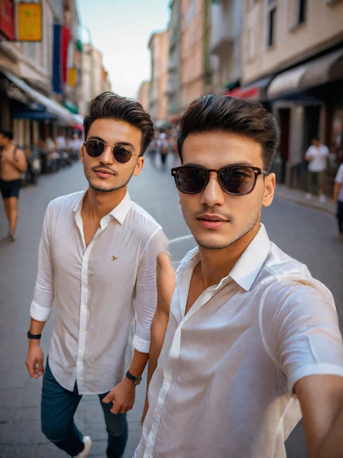 they are two men walking down the street holding hands, candid picture, with accurate face, selfie photography, in city street, cute boys, with lovely look, taken with sony alpha 9, photo taken with canon 5d, shot on nikon z9, selfie photo, very artistic pose, taken with the best dlsr camera, candid photography, stylish pose, casual photography