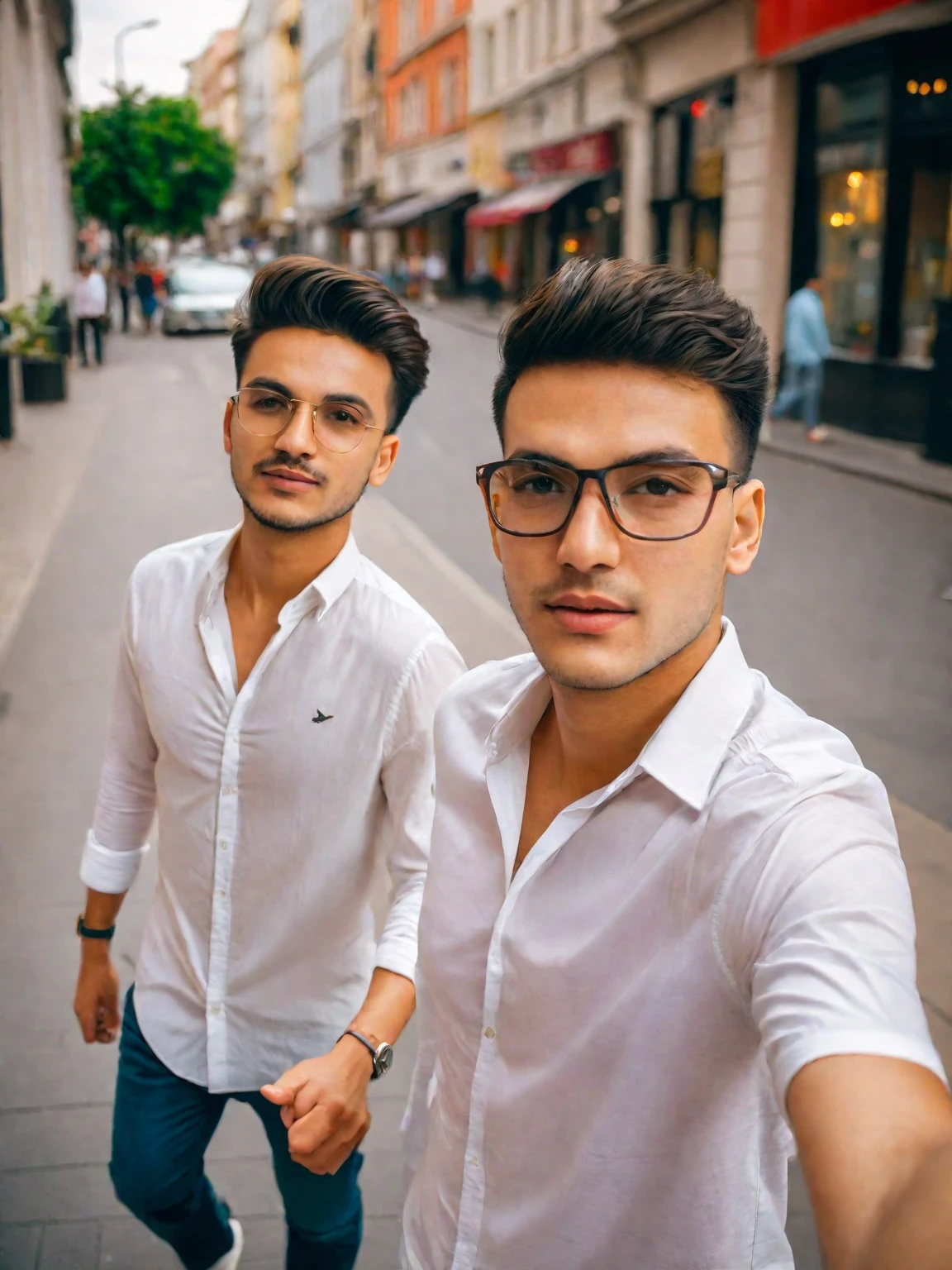 they are two men walking down the street holding hands, candid picture, with accurate face, selfie photography, in city street, cute boys, with lovely look, taken with sony alpha 9, photo taken with canon 5d, shot on nikon z9, selfie photo, very artistic pose, taken with the best dlsr camera, candid photography, stylish pose, casual photography