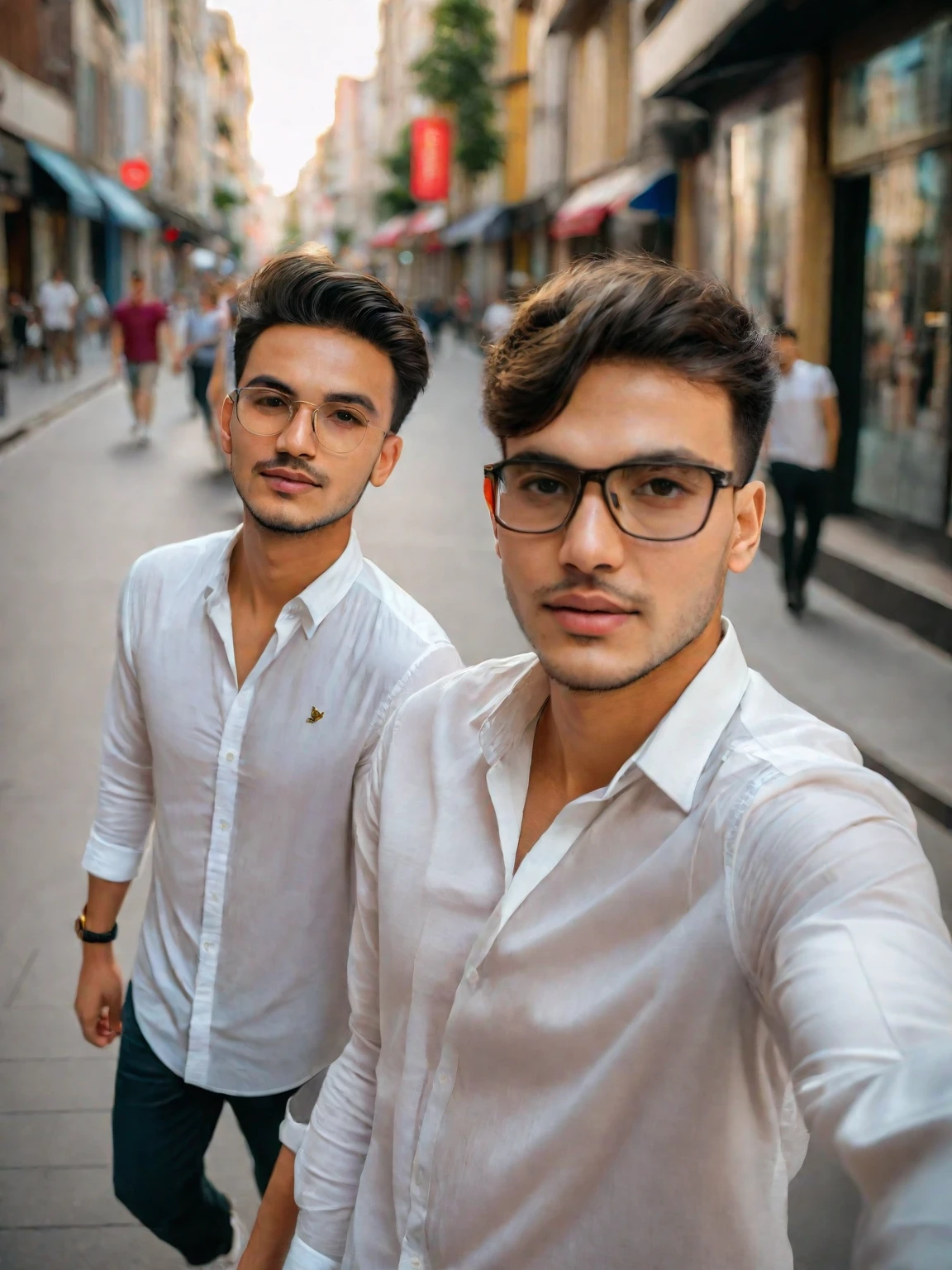 they are two men walking down the street holding hands, candid picture, with accurate face, selfie photography, in city street, cute boys, with lovely look, taken with sony alpha 9, photo taken with canon 5d, shot on nikon z9, selfie photo, very artistic pose, taken with the best dlsr camera, candid photography, stylish pose, casual photography