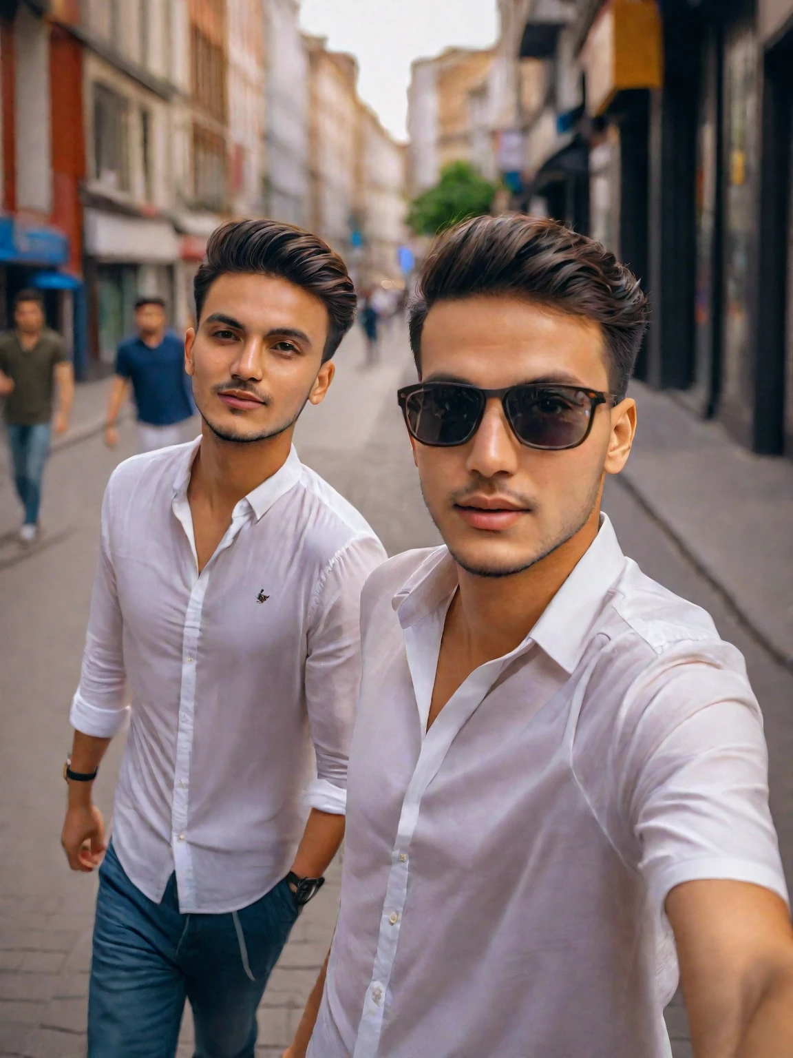 they are two men walking down the street holding hands, candid picture, with accurate face, selfie photography, in city street, cute boys, with lovely look, taken with sony alpha 9, photo taken with canon 5d, shot on nikon z9, selfie photo, very artistic pose, taken with the best dlsr camera, candid photography, stylish pose, casual photography