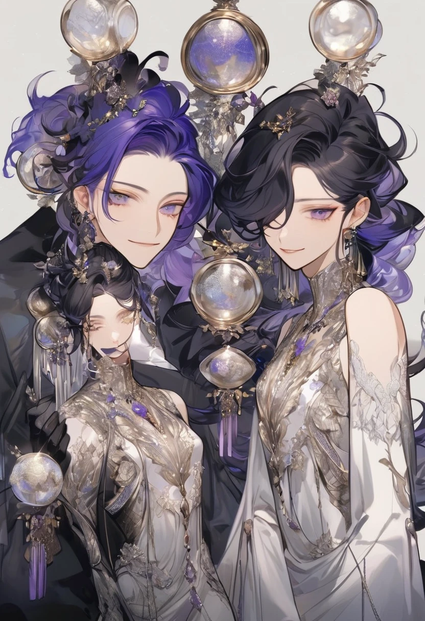 Feminine boy, soft womanish facial features, smile, squinted siren dark blue eyes without glare, silver ans dark purple long loose hair with straight bang, fantasy black clothes with blue and purple elements, long black gloves, model, gorgeous, elegant, lots of silver jewelry, flowers in his hair, skinny , hourglass figure, light lipstick, pants