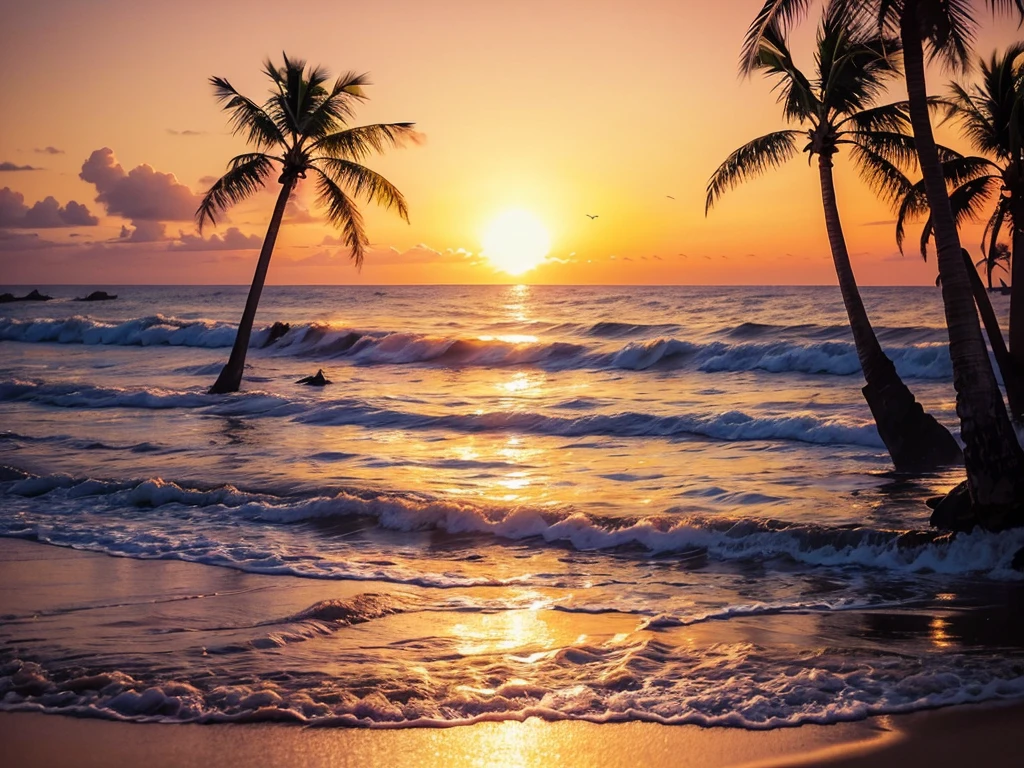 a beautiful sunset on a tropical beach, sun setting over the ocean, waves crashing against the shore, warm golden light, silhouettes of palm trees, pink and orange sky, serene and peaceful atmosphere, people walking along the beach, soft sand, reflections in the water, birds flying in the distance, long exposure photography, cinematic lighting, vibrant colors, detailed and realistic