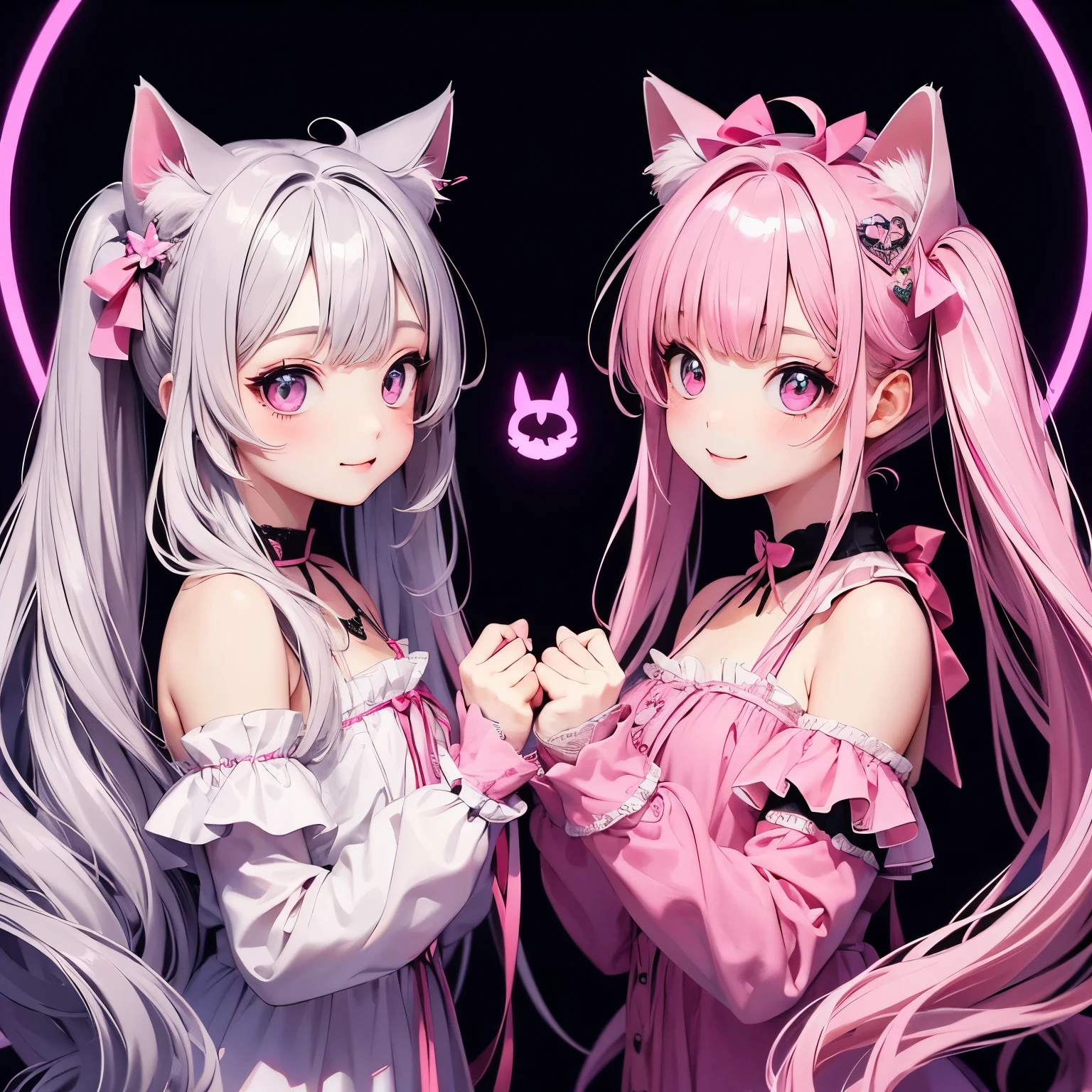 (masterpiece), Highest quality, Ultra-high resolution,Cat ears with pink ribbon、Silver Hair、Twin tails、Pink eyes、Pink clothes、(One hand pointing to the right:1.3)、2 people、One has bat wings、smile、Angle horizontal